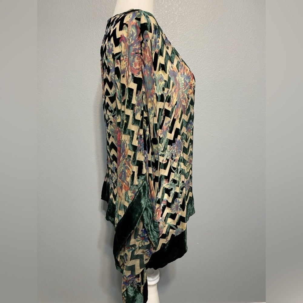 Boho Green Chevron Poncho Top Velvet Burnout Western Lagenlook Cowgirl Medium - Picture 3 of 7